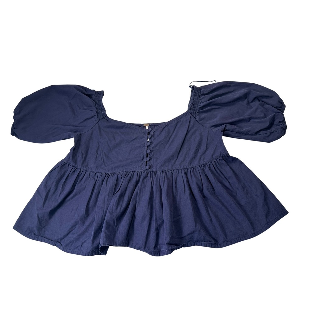 Free People Peplum Top Women Small Navy Blue Excellent Boho Puff Sleeve‎ Button